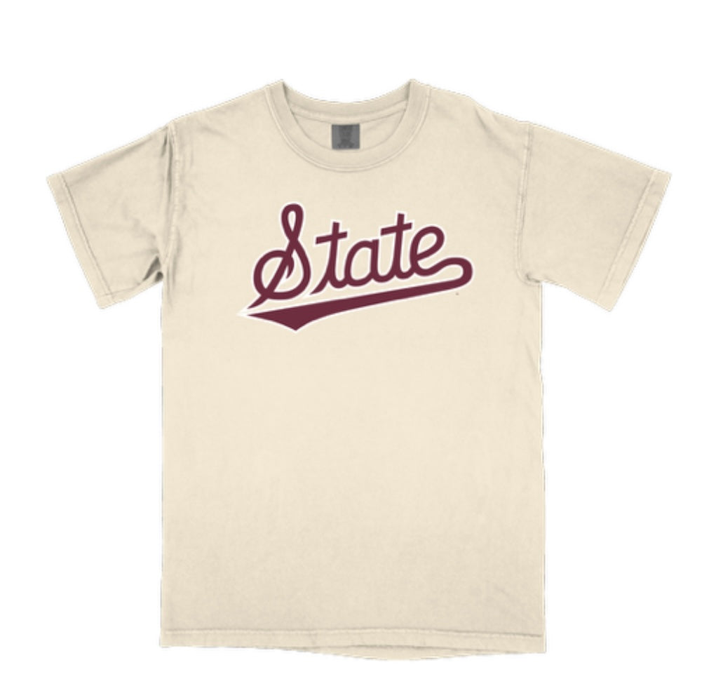 Comfort Colors Ivory T-shirt with State Script (outlined in white)