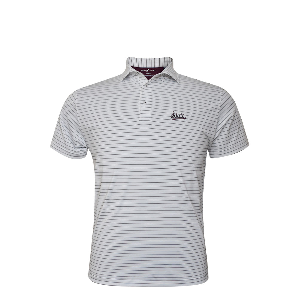 
                  
                    Horn Legend White Polo with Small Maroon Stripe - State Script
                  
                