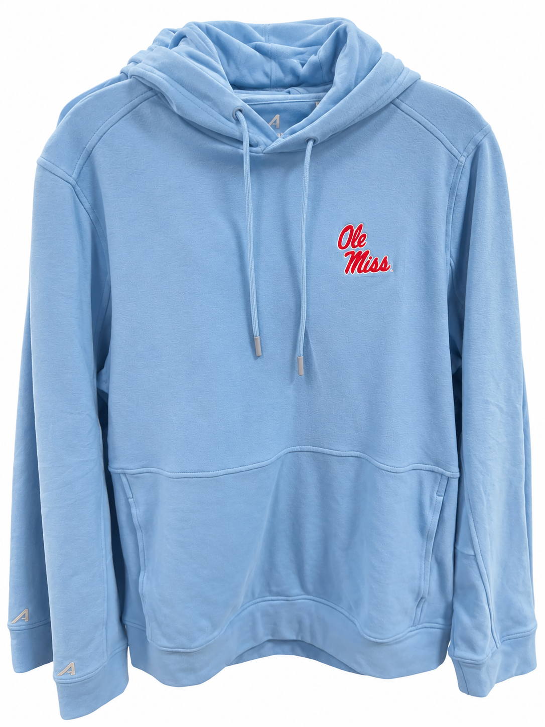 Antigua Ole Miss "Echelon" Fleece Hoodie - Powder Blue with Stack Script