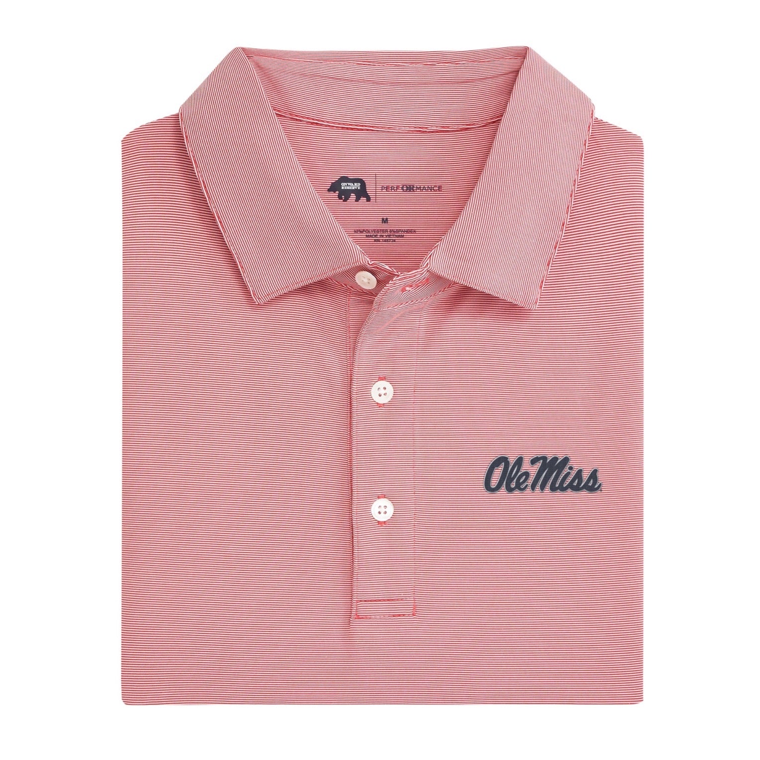 Ole Miss Hairline Stripe Performance Polo - Red with Navy Ole Miss Script