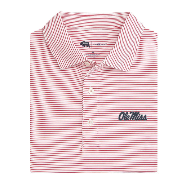 Ole Miss Birdie Stripe Performance Polo - Red and White with Ole Miss Script