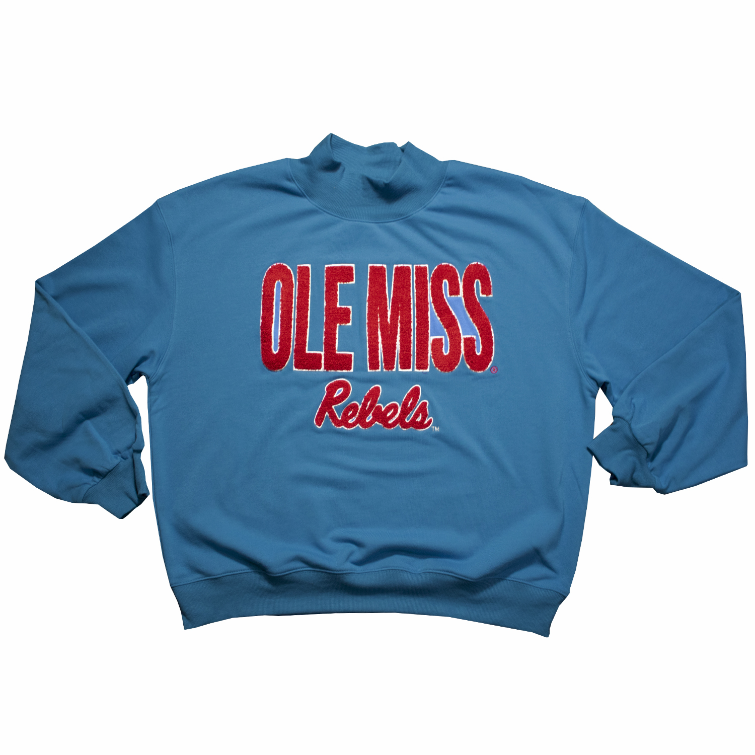 Ole Miss Chenille Block Mock Neck - Powder Blue with Red Chenille Letters