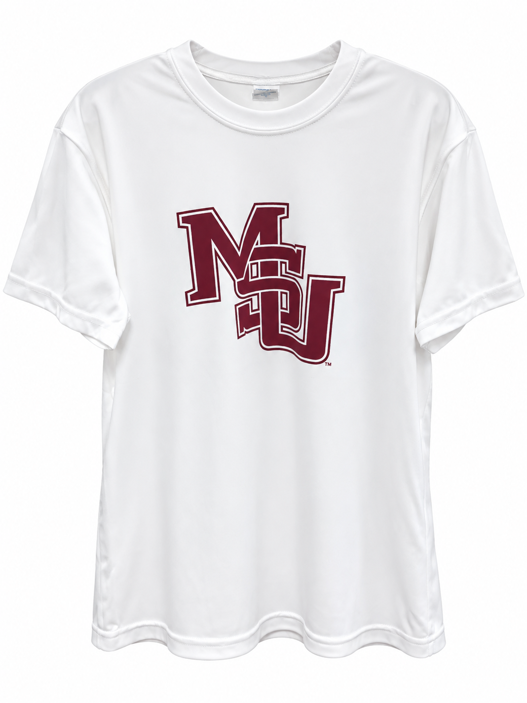 Adult White Dri Fit with interlocking logo in maroon