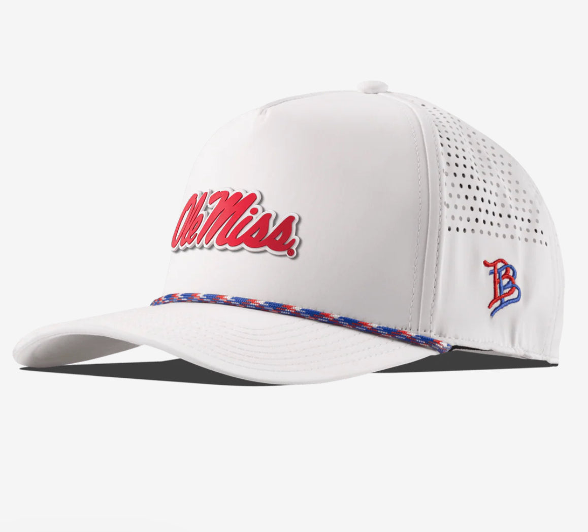 Branded Bills - University of Mississippi "Ole Miss Crimson Script" Curved 5 Panel Rope Hat