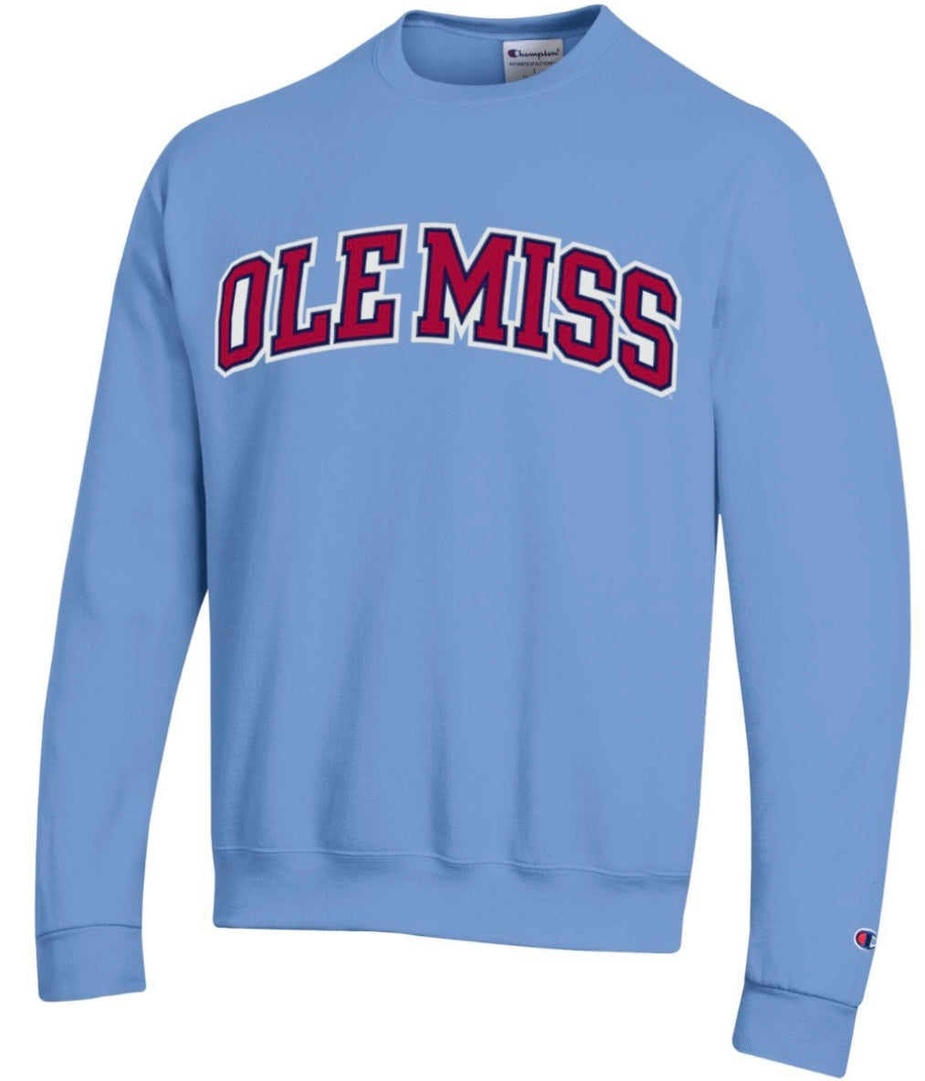 Champion Ole Miss Powder Blue Powerblend Fleece Crew Sweatshirt With Applique Letters