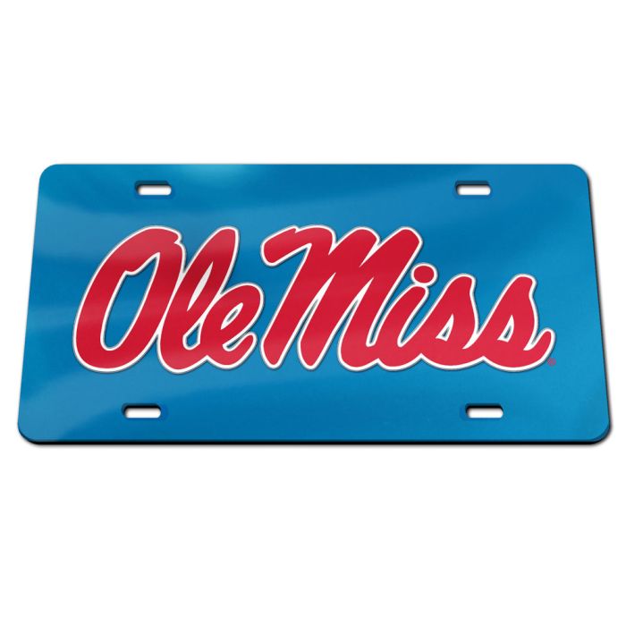 Mirrored Ole Miss Script Acrylic License Plate: Italy Blue