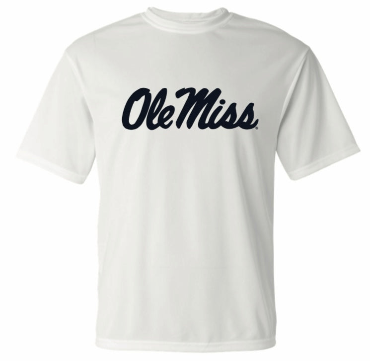 Adult Dri Fit Tee with Navy Ole Miss Script