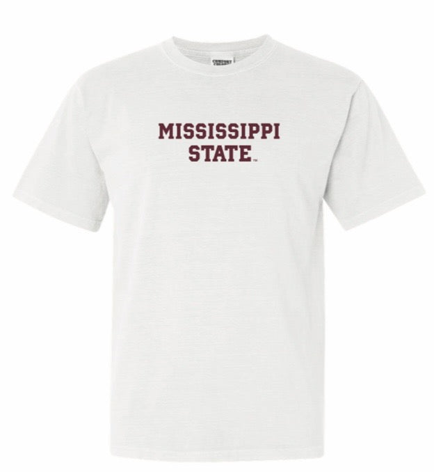 Mississippi State Comfort Color Tee - White with Maroon Mississippi State