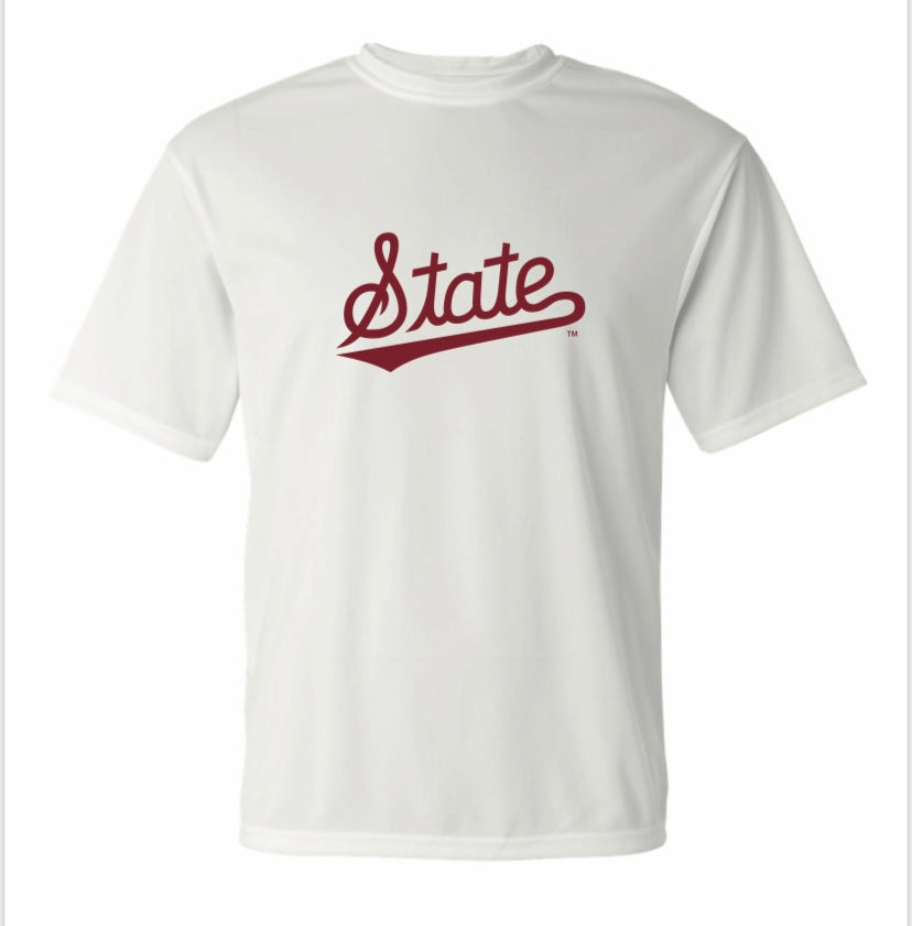 Mississippi State Youth Dri Fit White Tee w/State Script