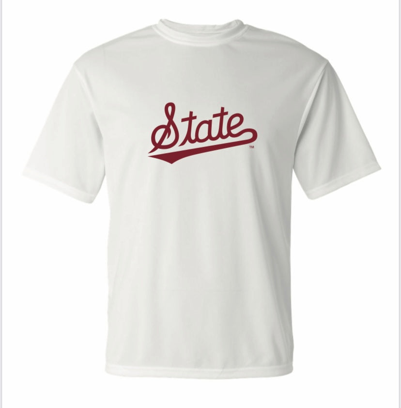 Mississippi State Adult Dri Fit White Tee w/ State Script
