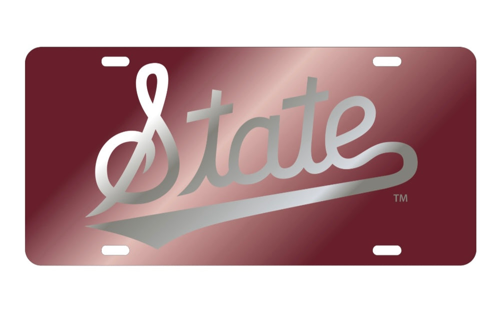 Mississippi State Maroon Mirrored State Script Car Tag