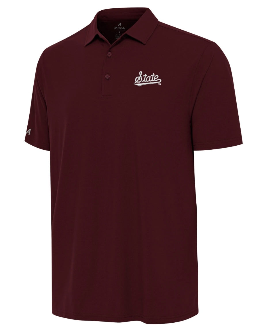 Antigua Mississippi State Era Polo - Maroon with State Script