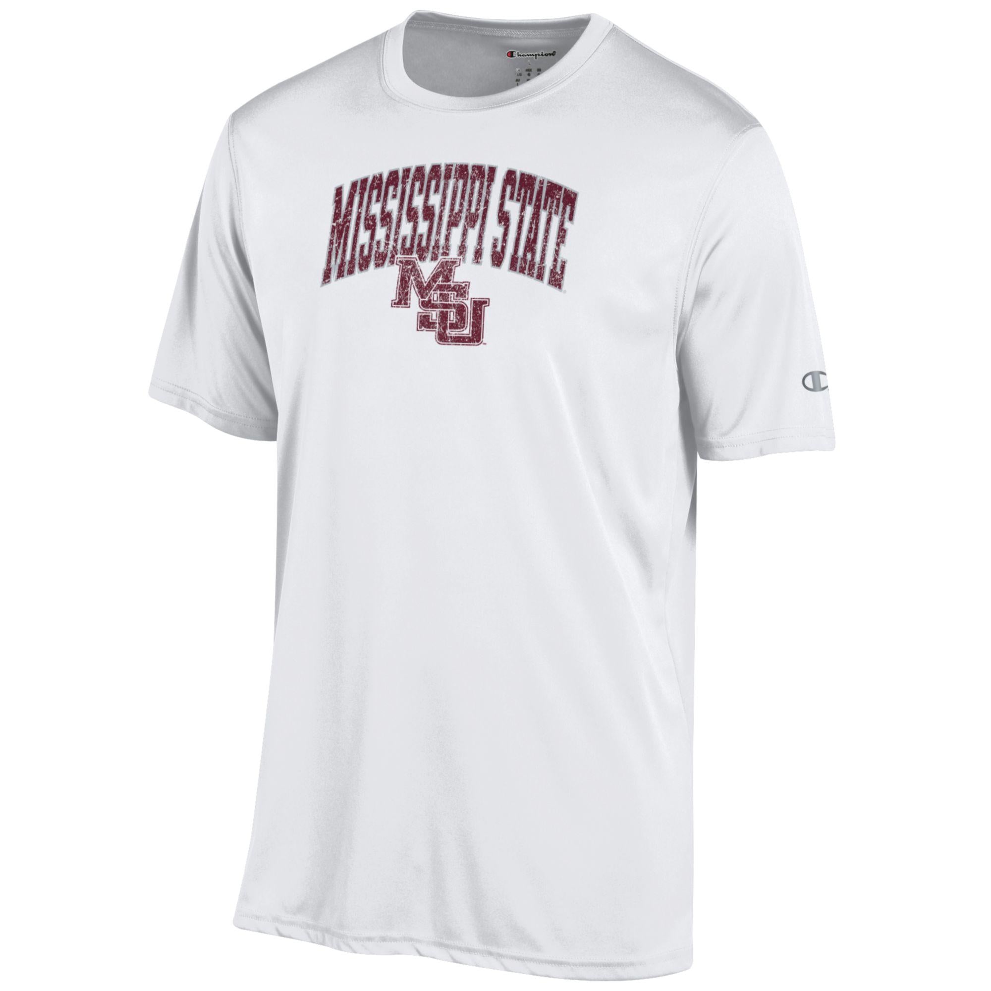 Champion Mississippi State White Dri Fit Tee with Interlocking MSU