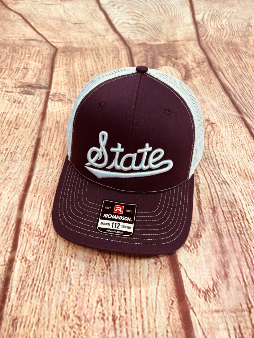 Richardson State Script Puff Maroon/White