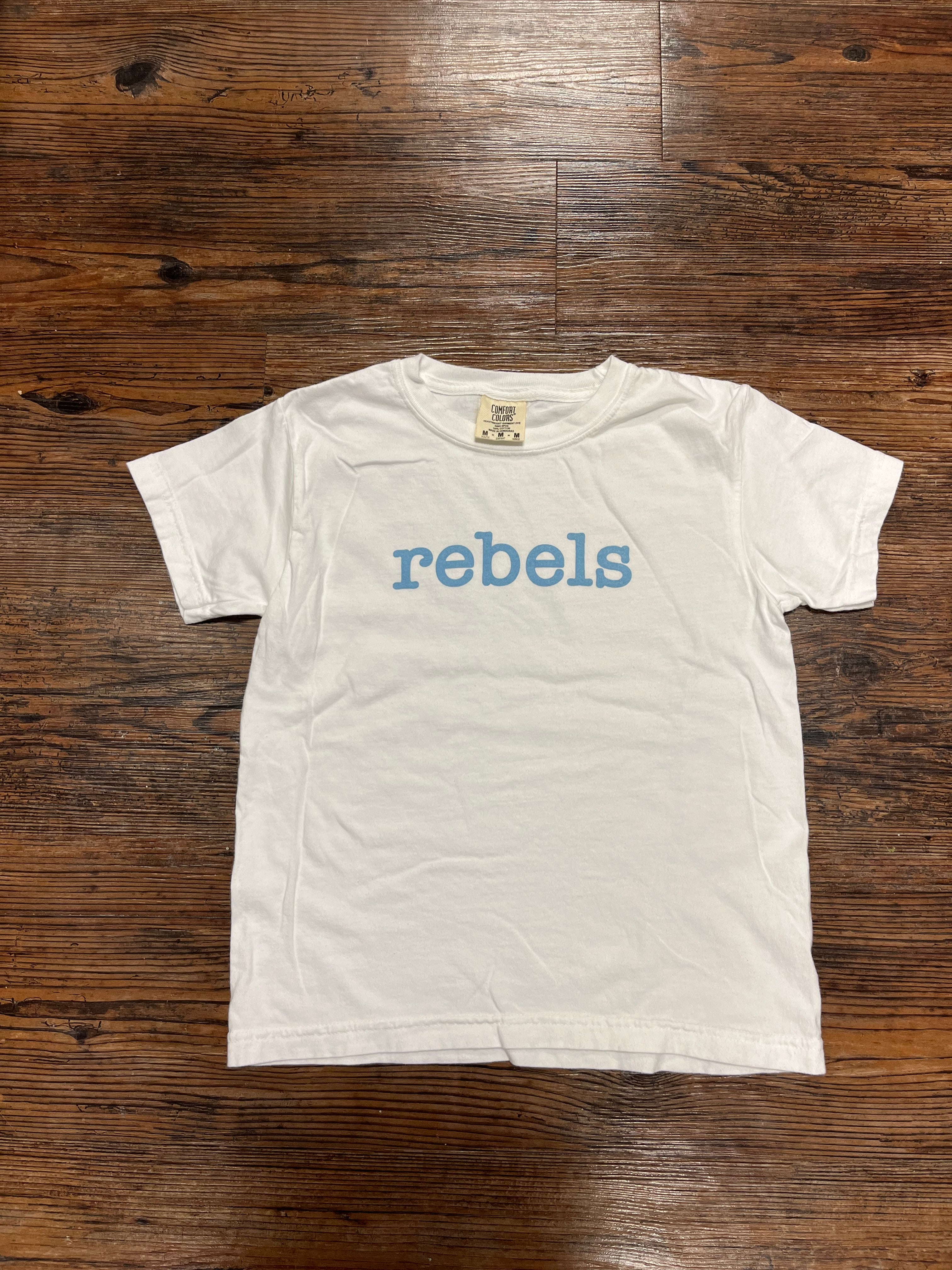 Youth White Comfort Color Tee With Rebels in Powder Blue