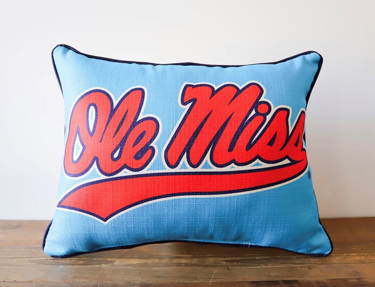 Little Birdie Ole Miss Script Pillow - Powder Blue with Navy Piping