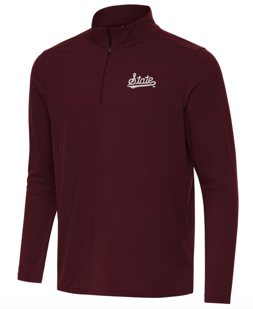 Antigua Mississippi State Intent 1/4 Zip - Maroon with State Script