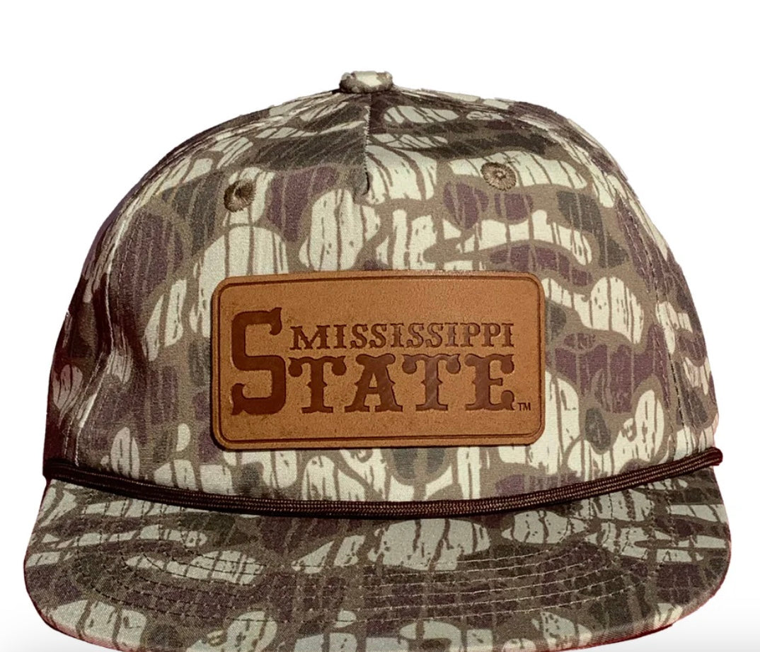 Speckle Bellies Camo Mississippi State Rope Hat with Leather Patch - Muddy Bottom Vein Pattern