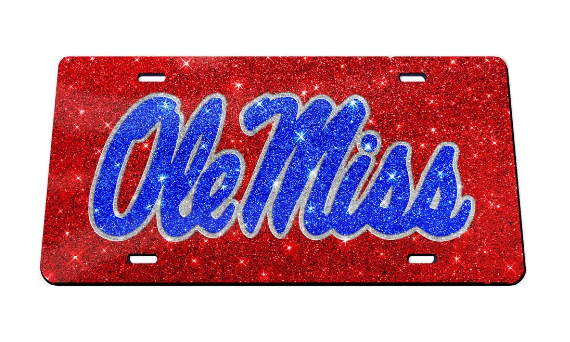 Ole Miss Red Glitter Car Tag with Ole Miss Script