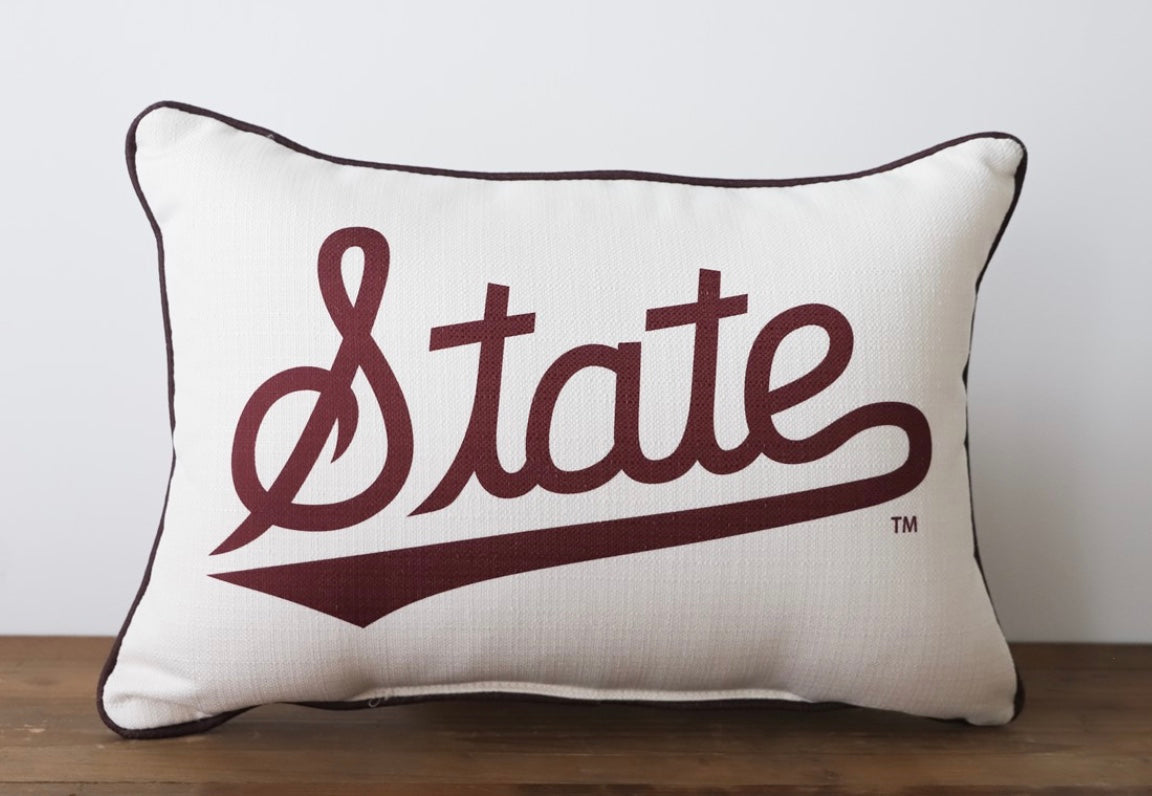 Little Birdie State Script Pillow with Maroon Piping
