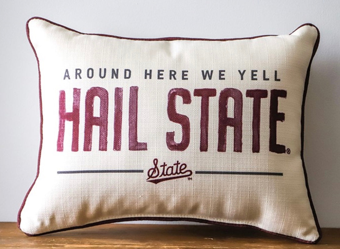 Little Birdie "Around Here We Yell Hail State" Pillow with Maroon Piping