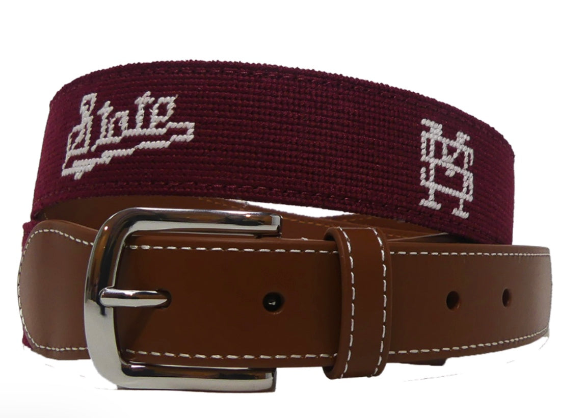 Roostas Mississippi State Maroon Needlepoint Mens Belt