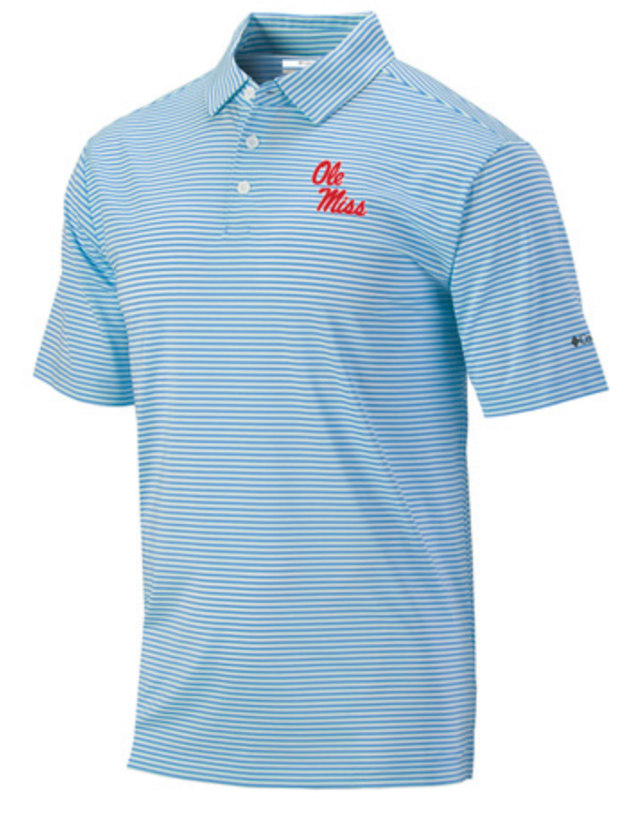 Ole Miss Omni Wick Club Invite Polo - Powder Blue and White Stripe with Stack Script
