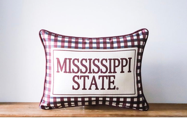 Little Birdie Mississippi State Gingham Pillow with Maroon Piping