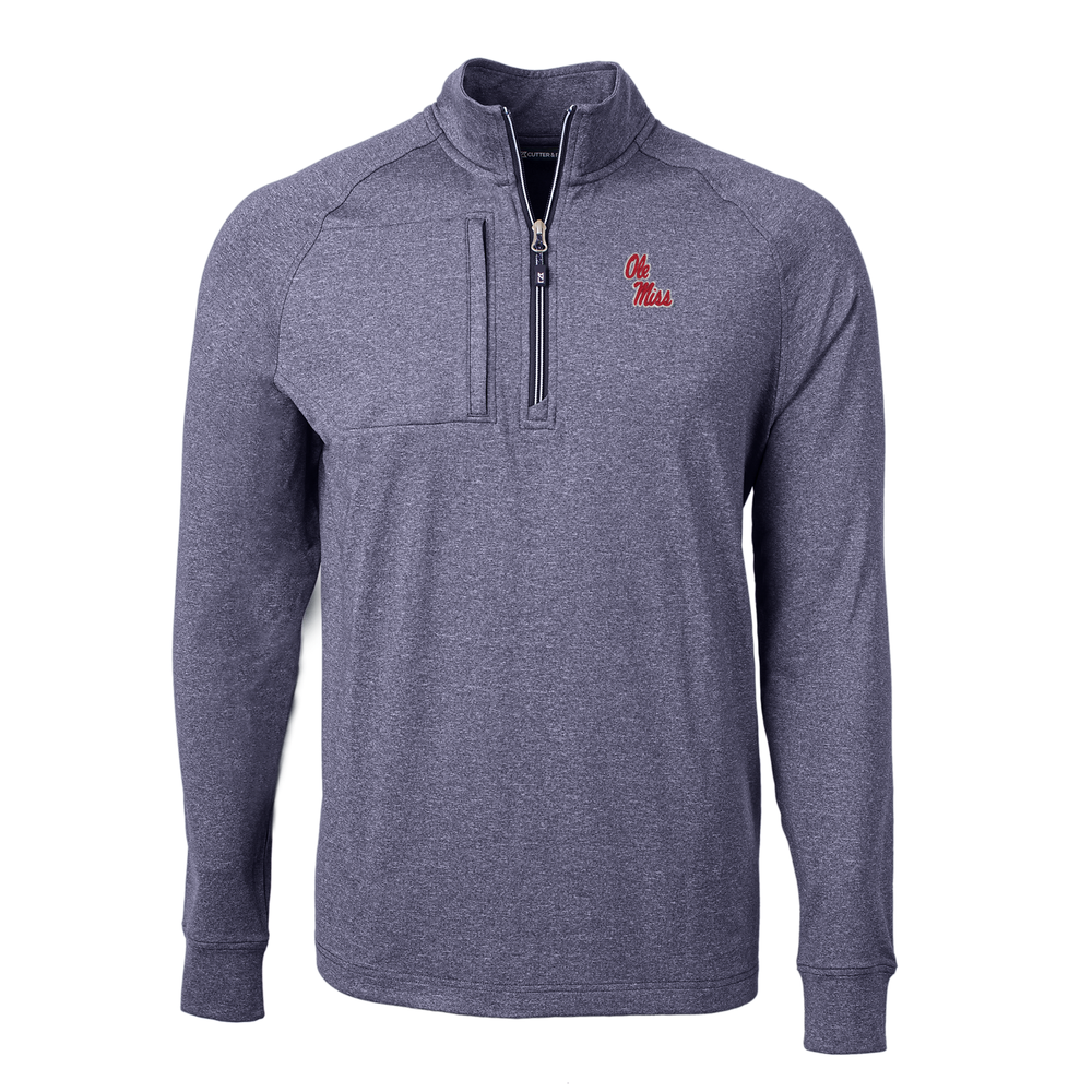Cutter and Buck Adapt Eco Knit Heather Navy Ole Miss 1/4 Zip with Stack Script