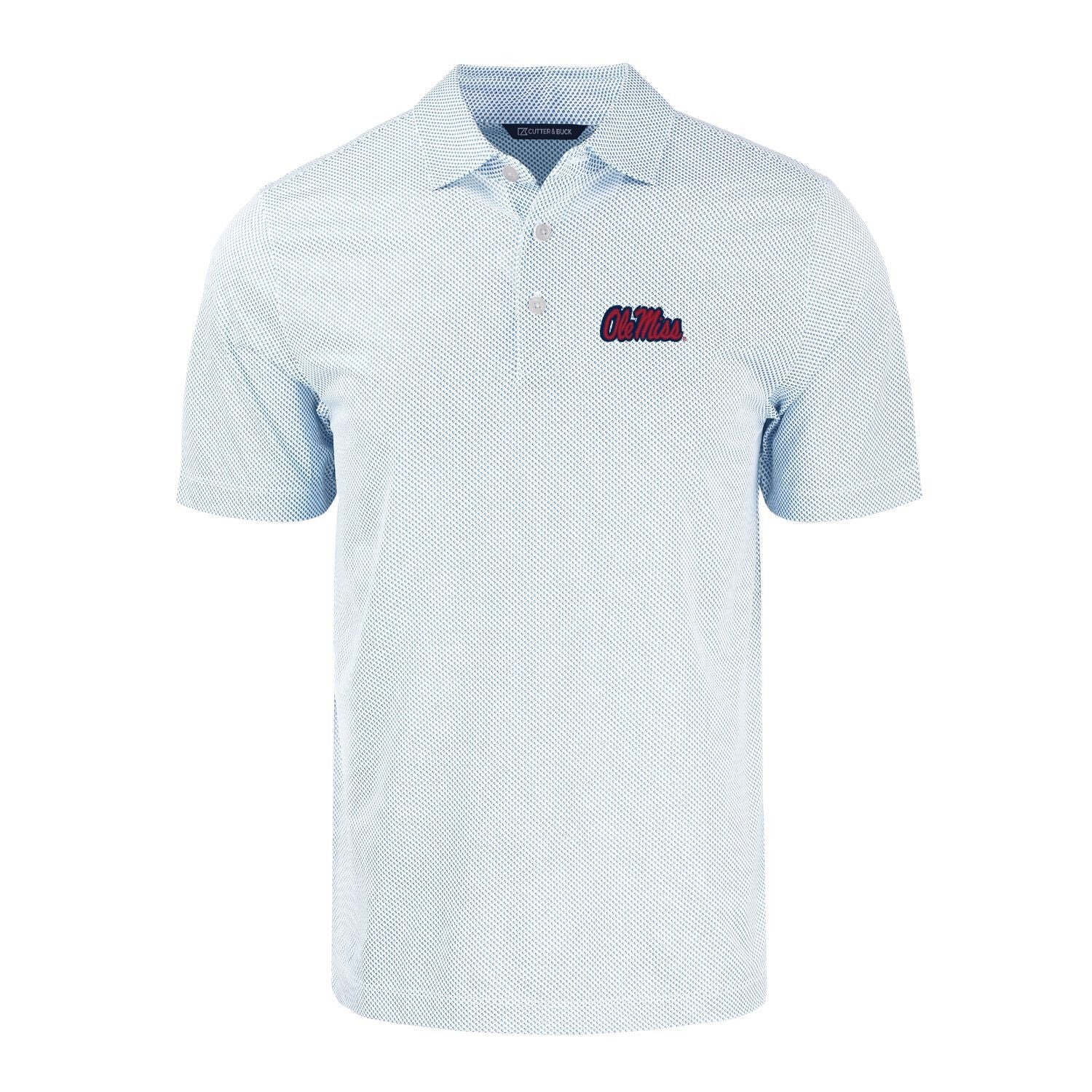 Ole Miss Pike Eco Symmetry Print Polo - Powder Blue and White with Script