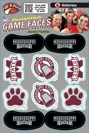 Mississippi State Temporary Tattoos (M State Banner, Cowbell, Paw Print, State of MS, #1 Fan Finger and Eye Black) - 10 Pack