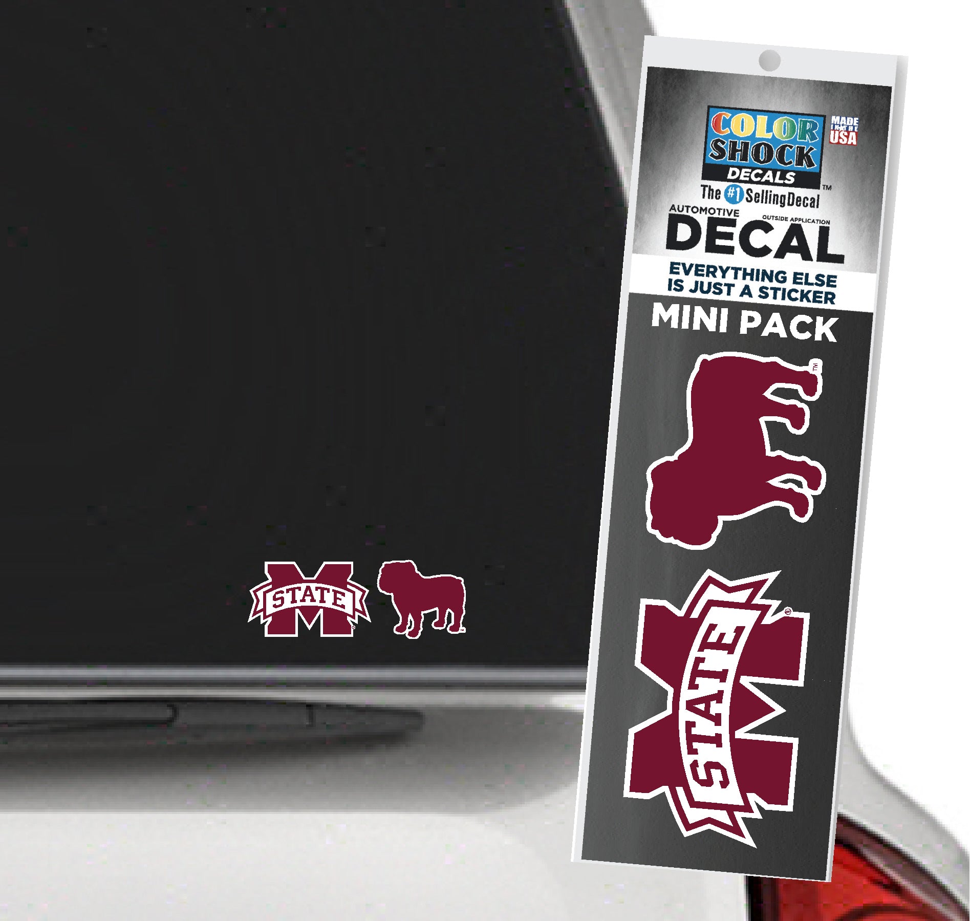 Color Shock 2-pack Mississippi State Decal for Auto - M State Banner and Bulldog Silhouette