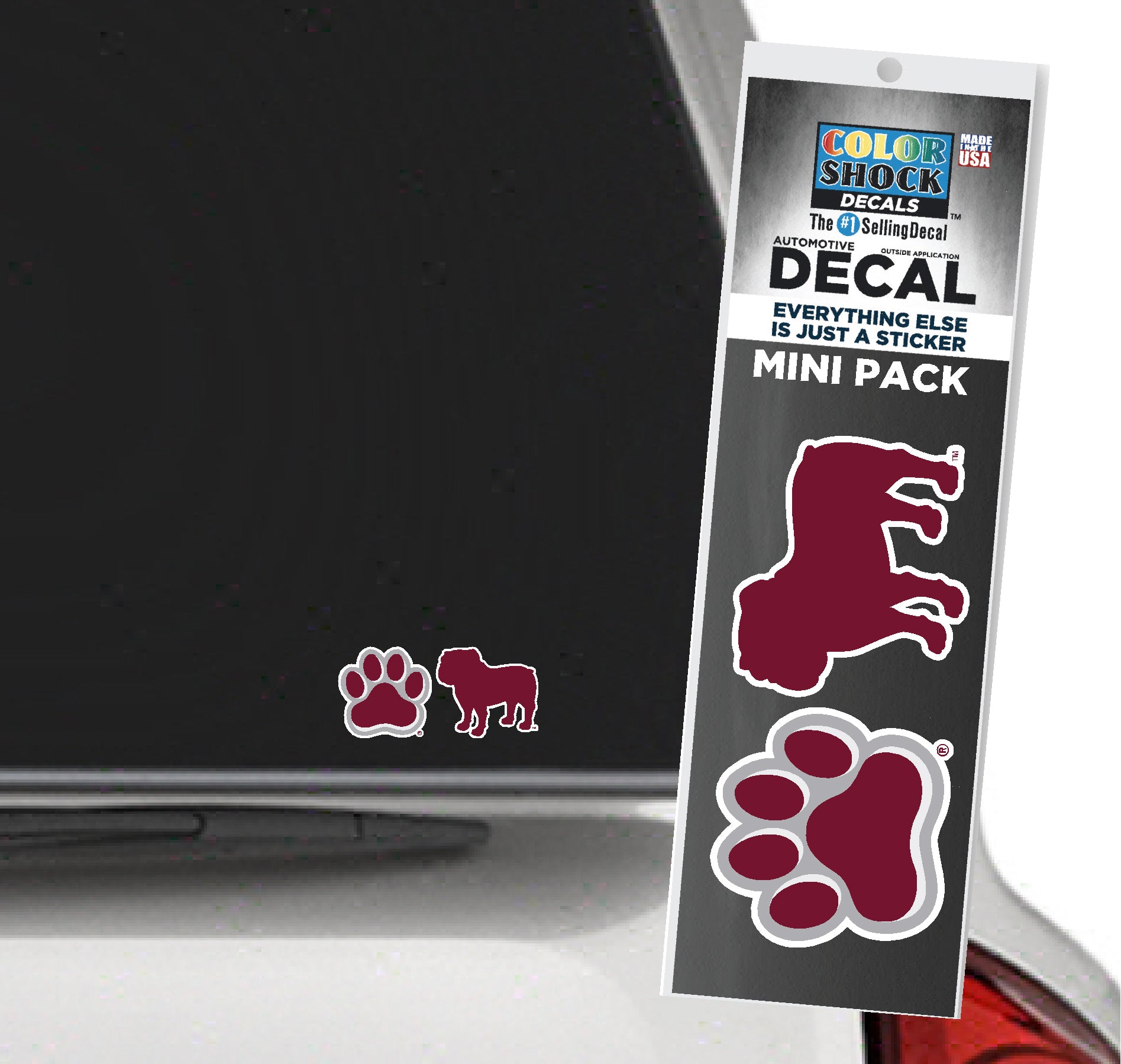 Color Shock 2-pack MSU Decal for Automobiles - Paw Print and Bulldog Silhouette