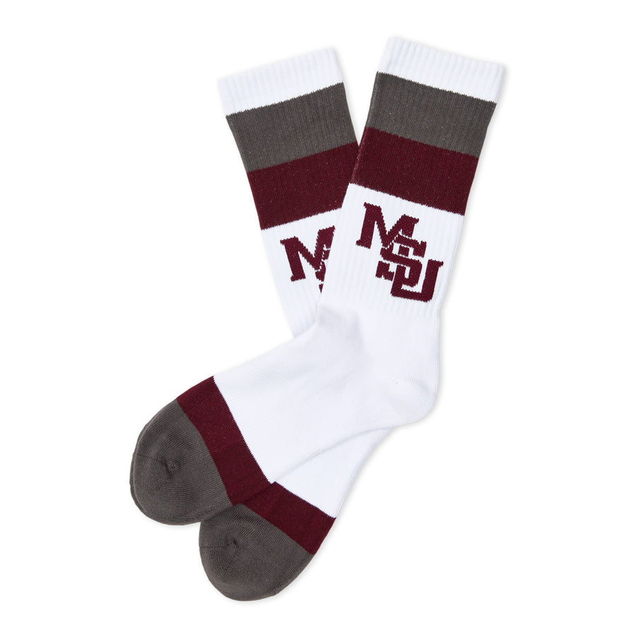 Mississippi State Casual Socks - White Stripe with Interlocking MSU