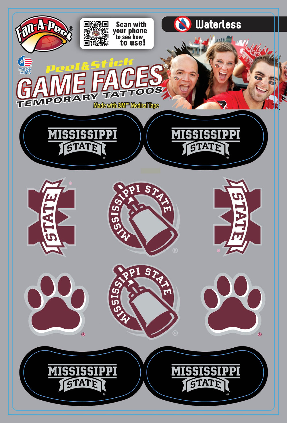 Game Faces Mississippi State Combo Sheet Temporary Tattoos