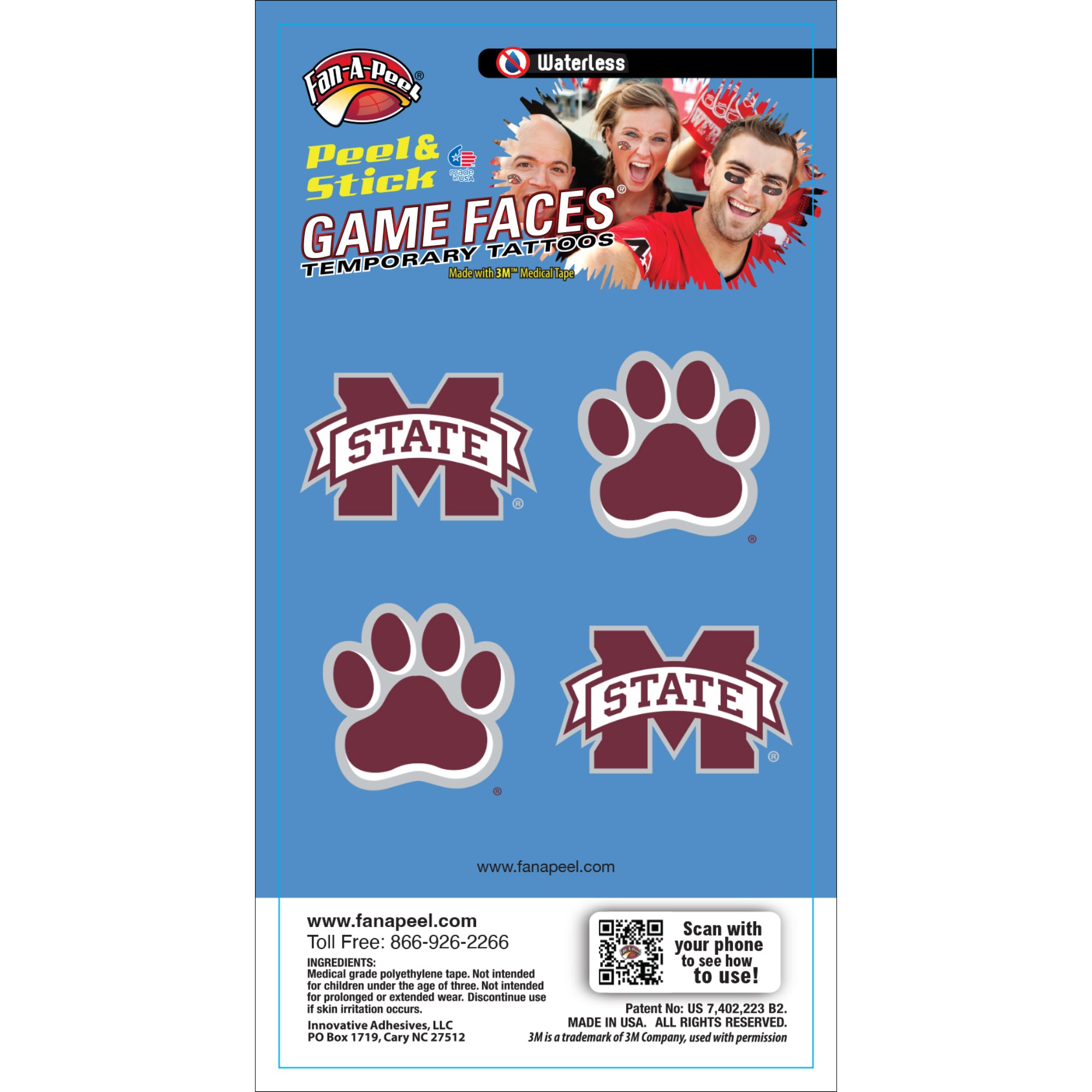 Mississippi State Temporary Tattoos - M State Banner and Paw Print 4 Pack