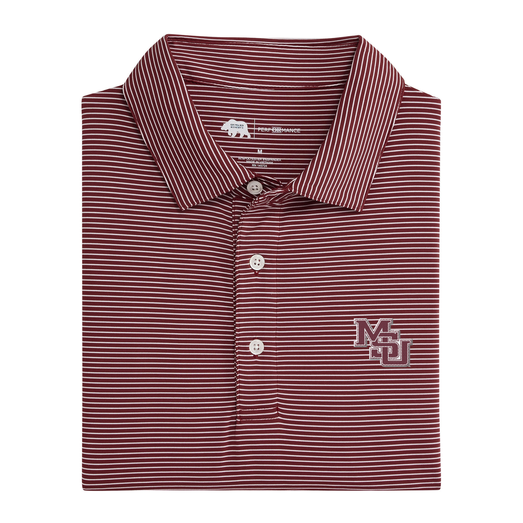 Mississippi State Vintage Birdie Stripe Performance Polo - Maroon and White with Interlocking MSU