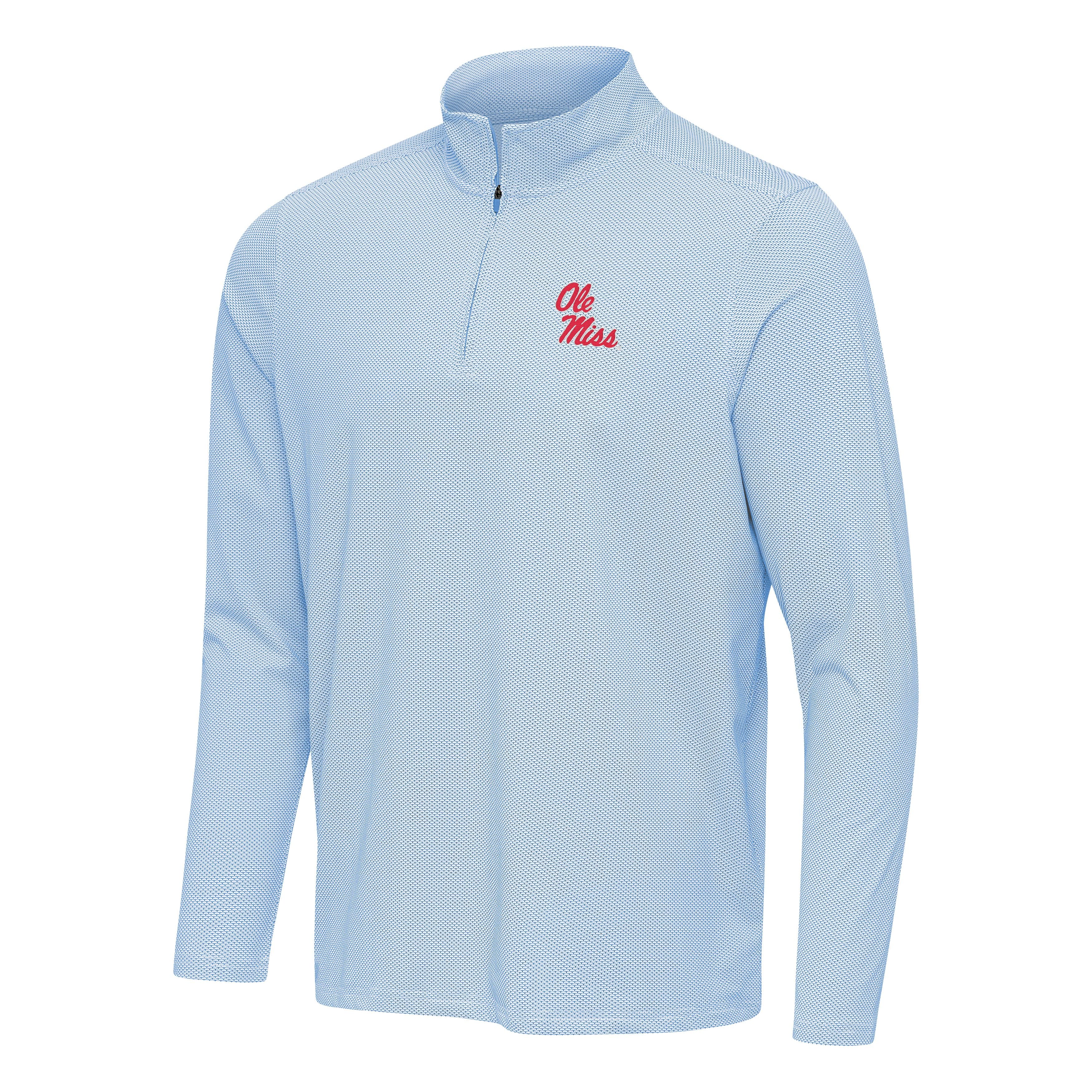 Antigua Ole Miss Pave 1/4 Zip Pullover - Powder Blue and White with Ole Miss Script