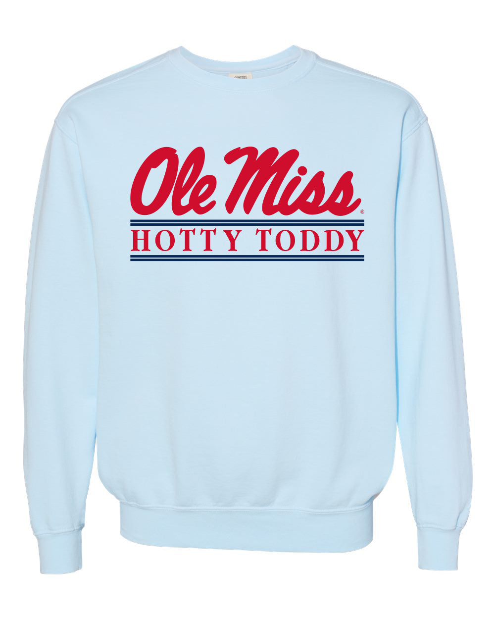 Comfort Color Powder Blue Sweatshirt With Ole Miss Script Bar Design