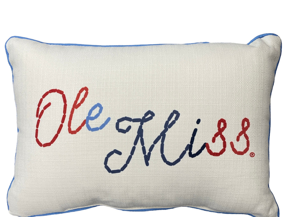 Little Birdie Stitch Script Ole Miss Pillow w/Blue Piping