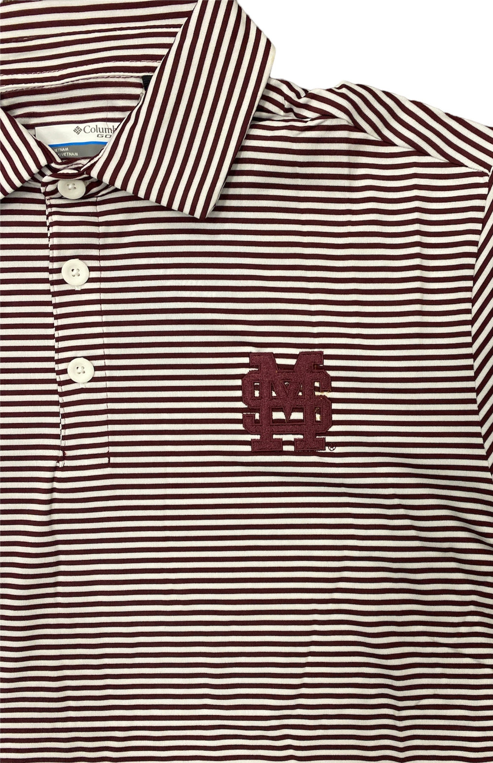 Mississippi State M over S Maroon and White Stripe Columbia Omni Wick Club Invite Polo
