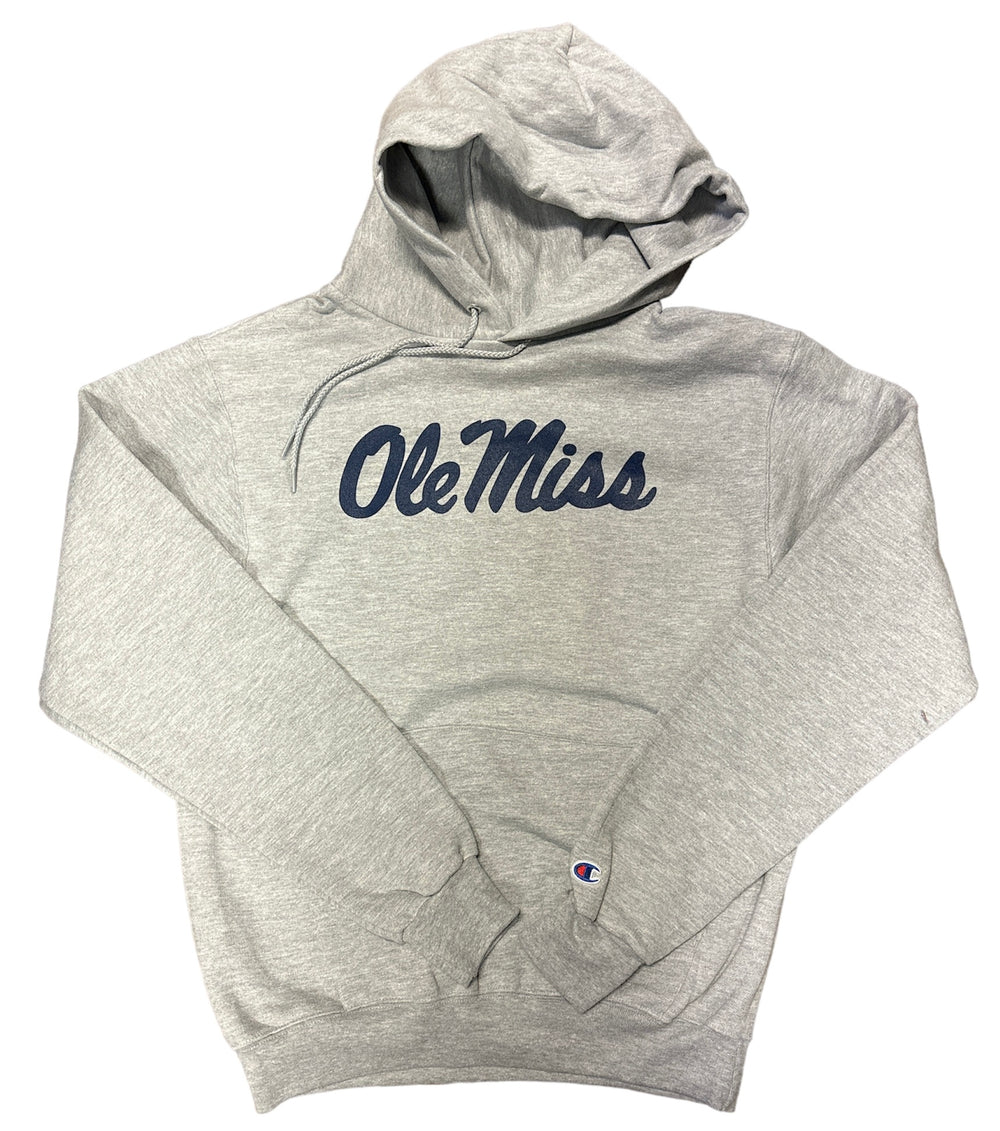 Grey Champion Hoodie with Navy Ole Miss Script