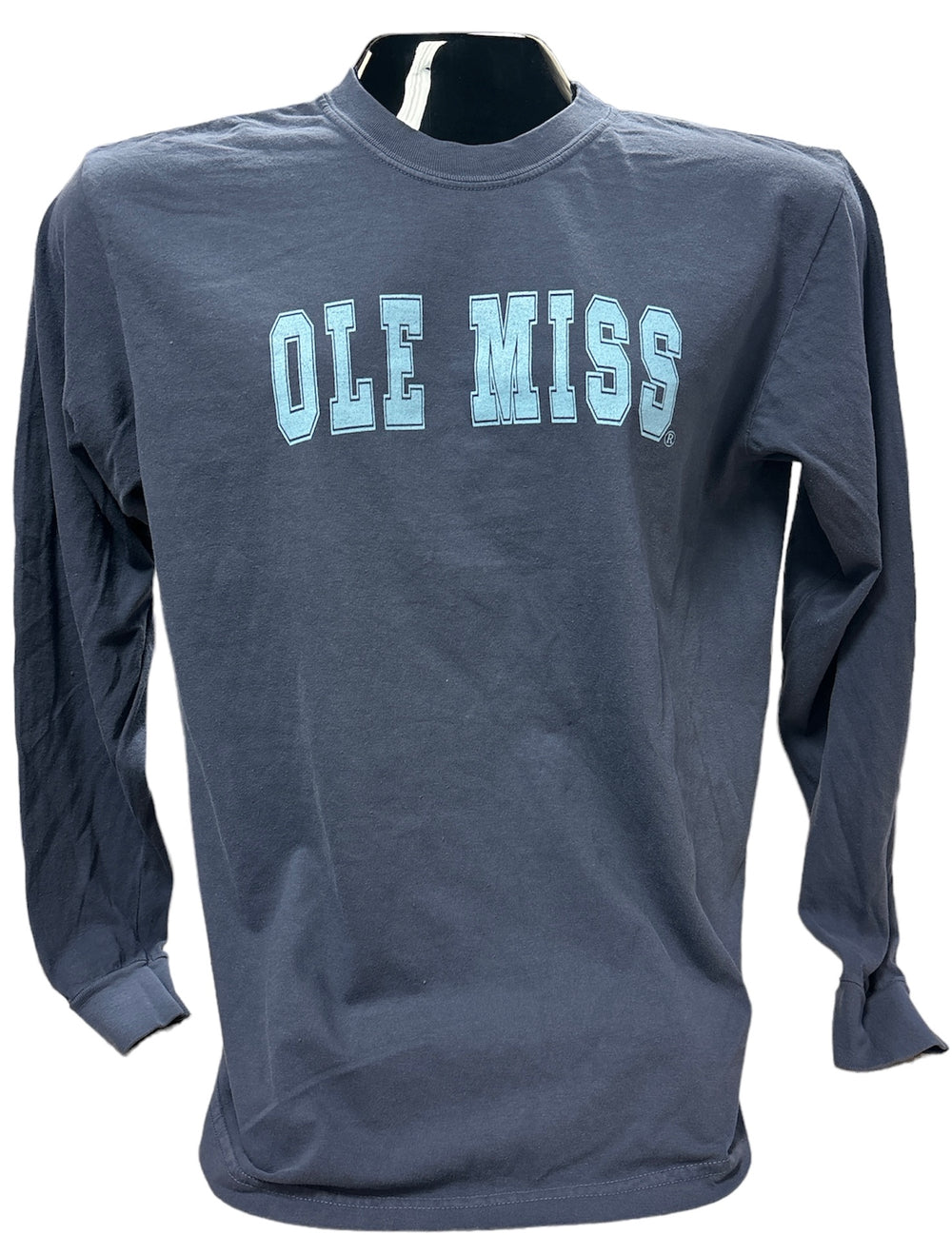 Comfort Color Long Sleeve Navy Tee with Powder Blue Ole Miss