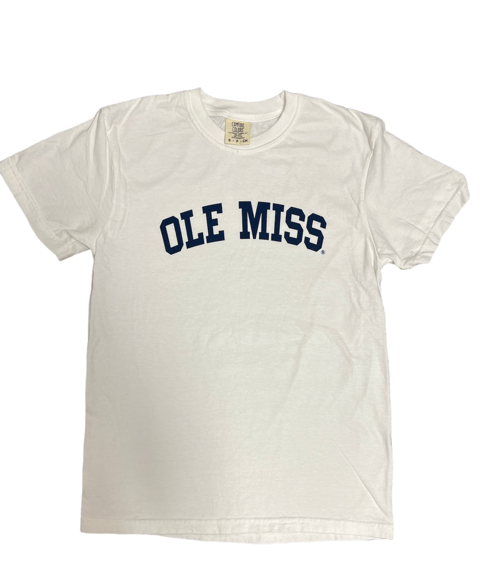 White Comfort Color Navy Writing Ole Miss Tee