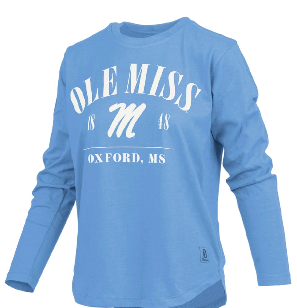 Pressbox Powder Blue Ole Miss “Hangleton” Long Sleeve Rounded Bottom Tee