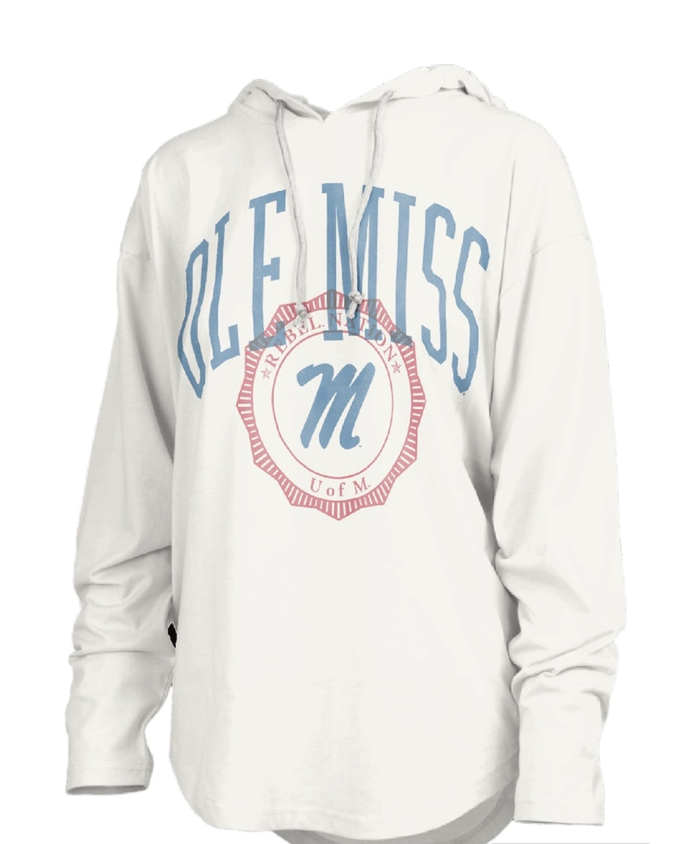 Pressbox Ole Miss “Lawrence” Long Sleeve Hooded Lightweight Rounded Bottom Tee