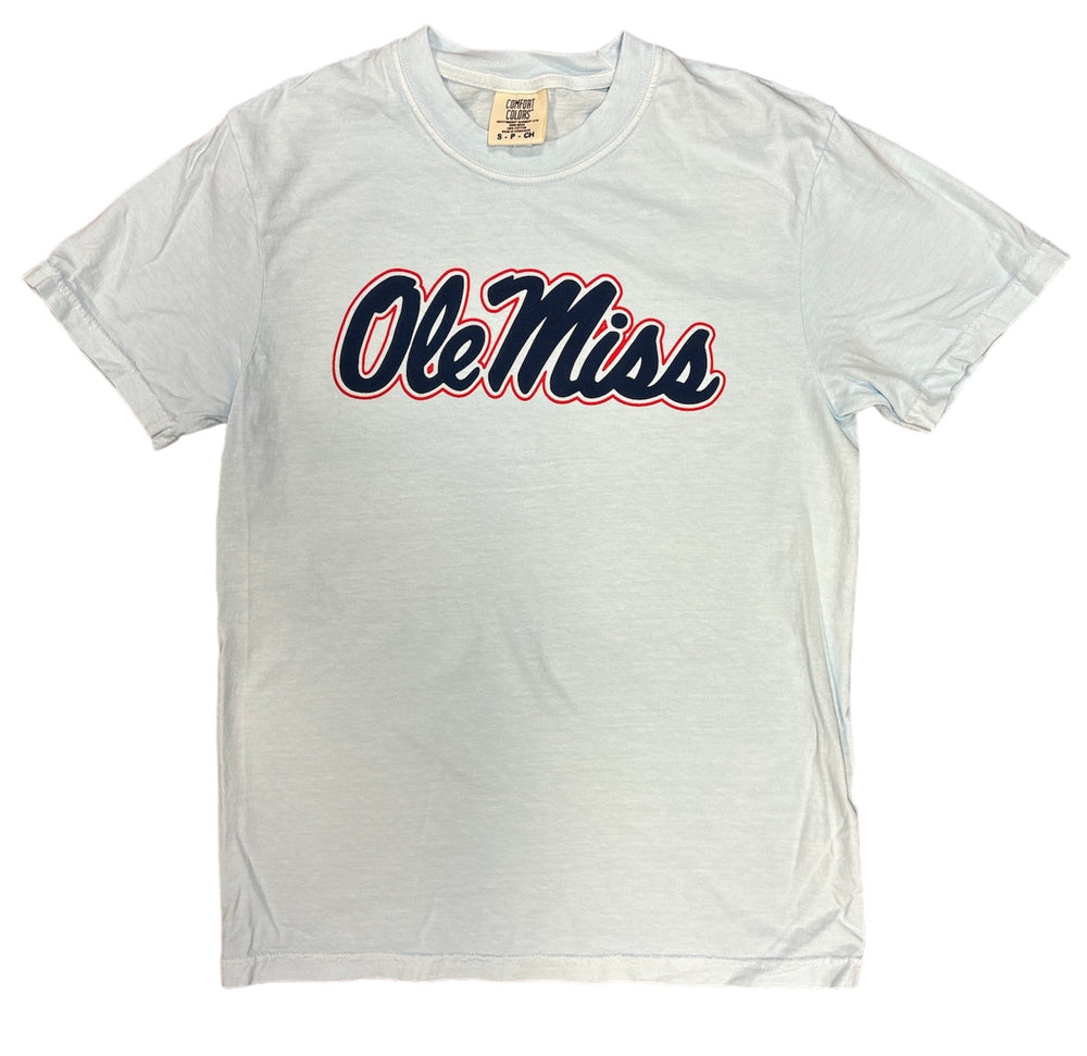 Comfort Color Powder Blue Ole Miss Tee with Navy Script