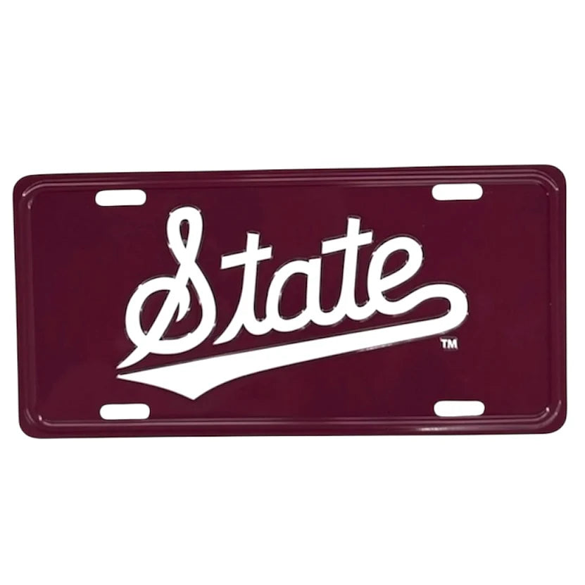 Mississippi State Maroon Aluminum Car Tag with State Script