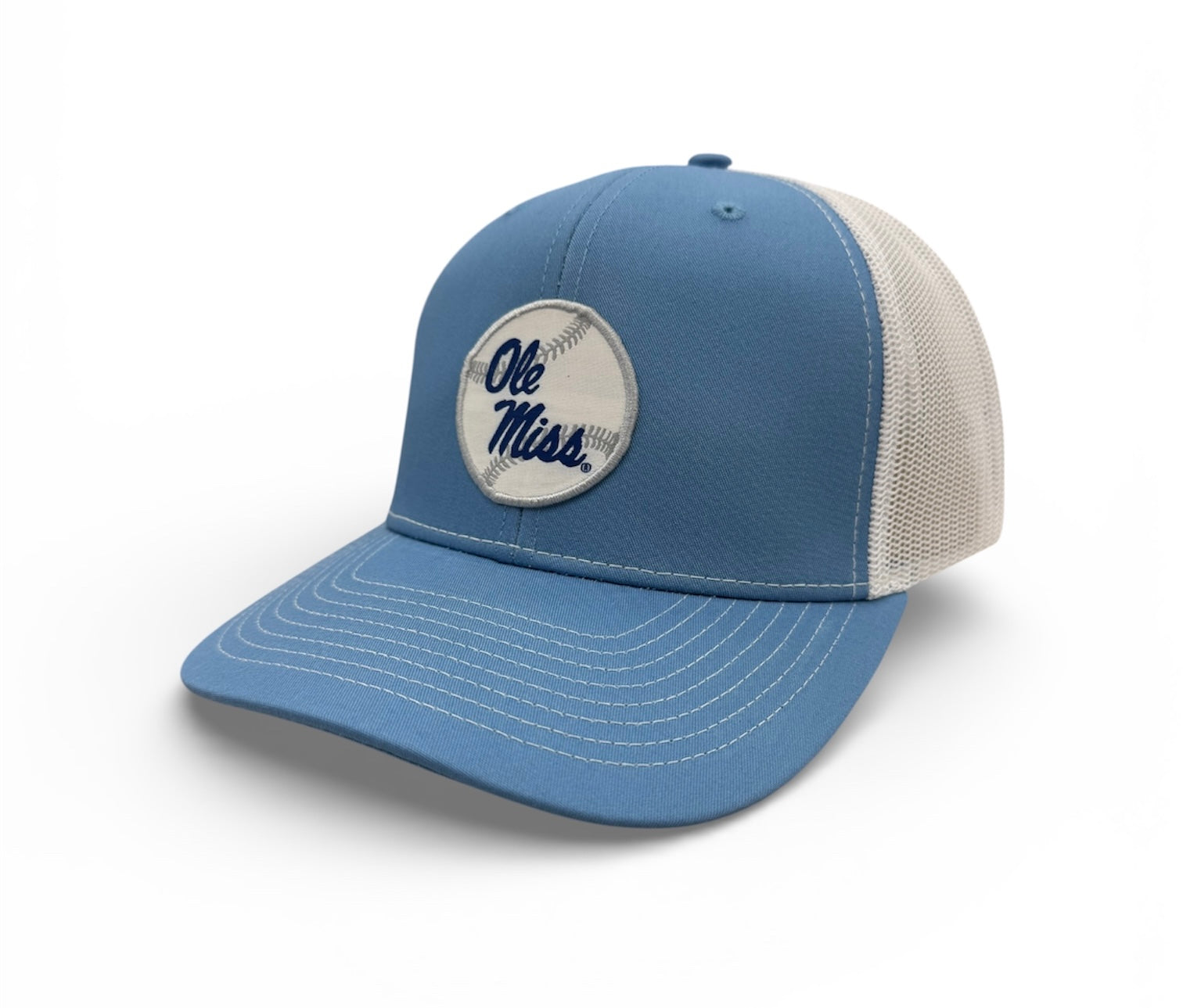 Richardson Trucker Cap with Ole Miss Baseball Logo- Powder Blue