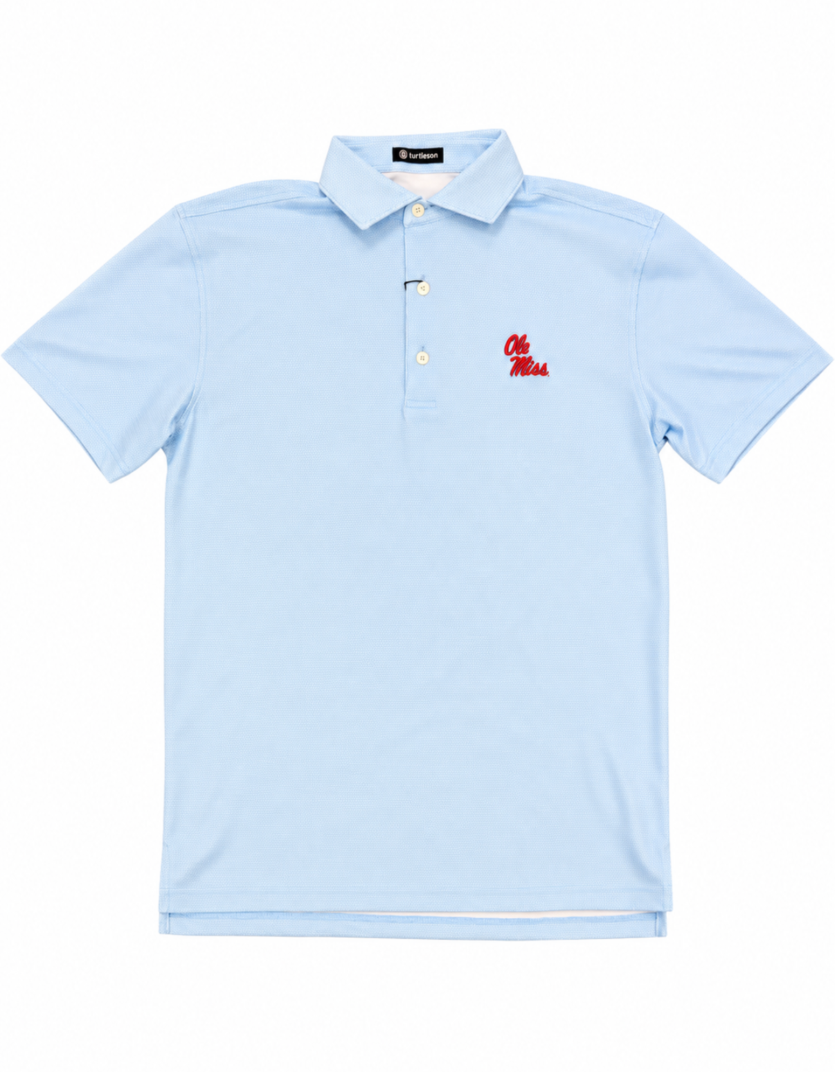 Ole Miss "Alex" Performance Polo - Powder Blue and White with Ole Miss Stack Script